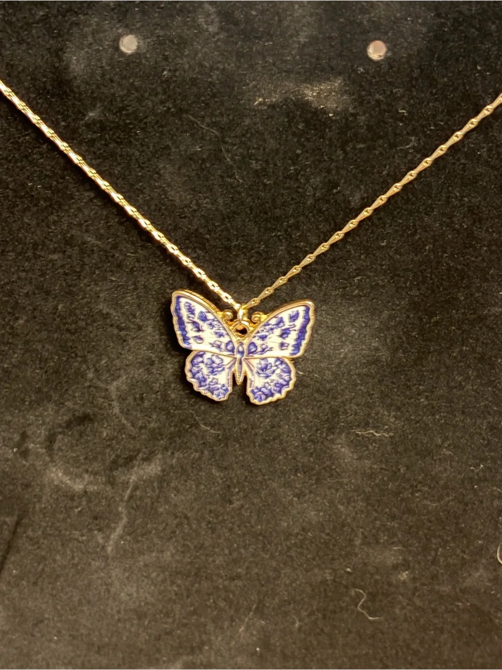 Gold-Tone Butterfly Pendant Necklace in Blue and White